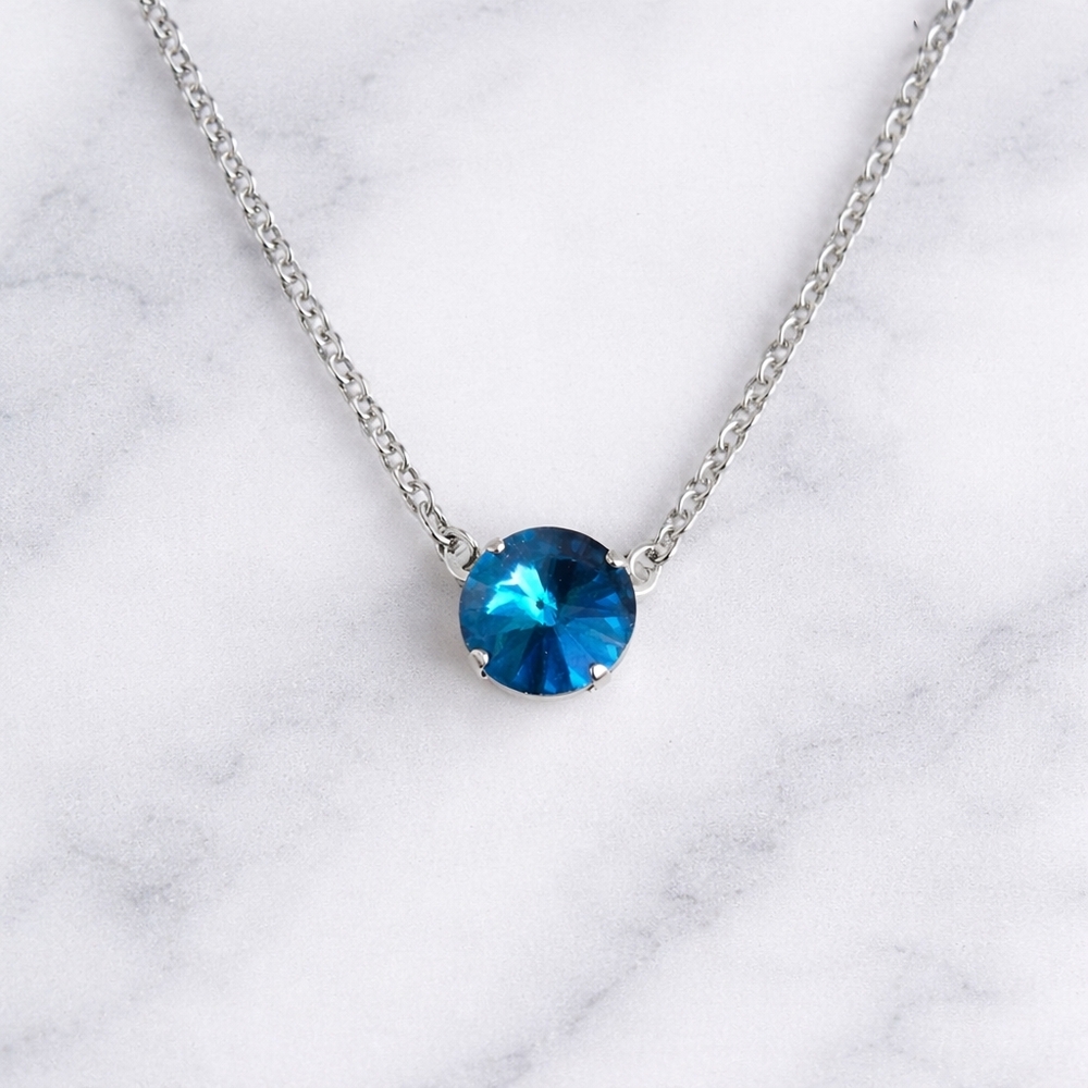 Denim Blue Crystal Pendant Rhodium Rolo Chain Necklace | Handcrafted